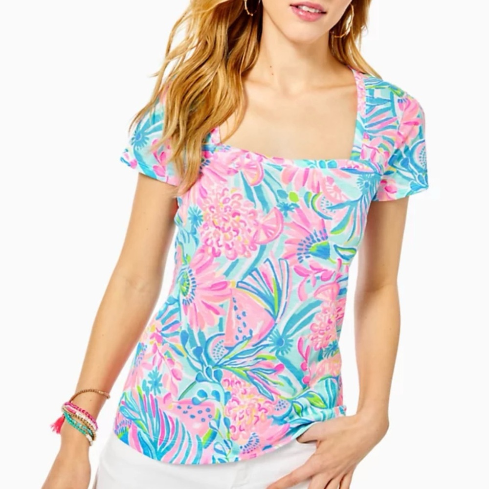 NWT Lilly Pulitzer XXS Rexa Square Neck Short Sleeve Top Multi Tropical Punch
